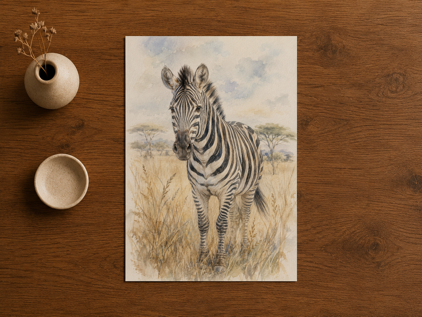 Zarif zebra portresi, kuru otların ortasında duran hayvanı ince çizgilerle tasvir eden sanat.