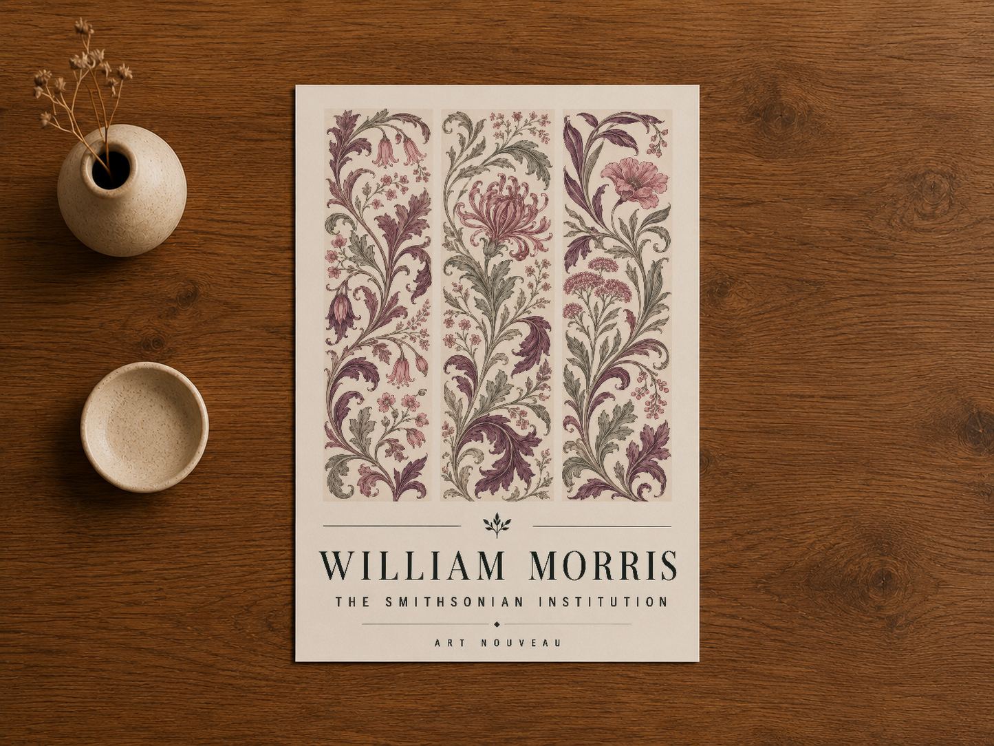 William Morris tasarım tablosu, ahşap zeminde seramik aksesuarlarla sergilenen çiçek ve yaprak motifli poster.