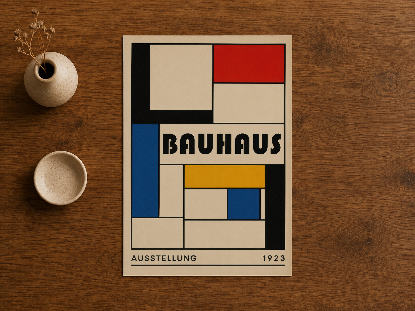 Ahşap zeminde sergilenen orijinal 1923 Bauhaus Ausstellung posteri soyut geometrik tasarımıyla.