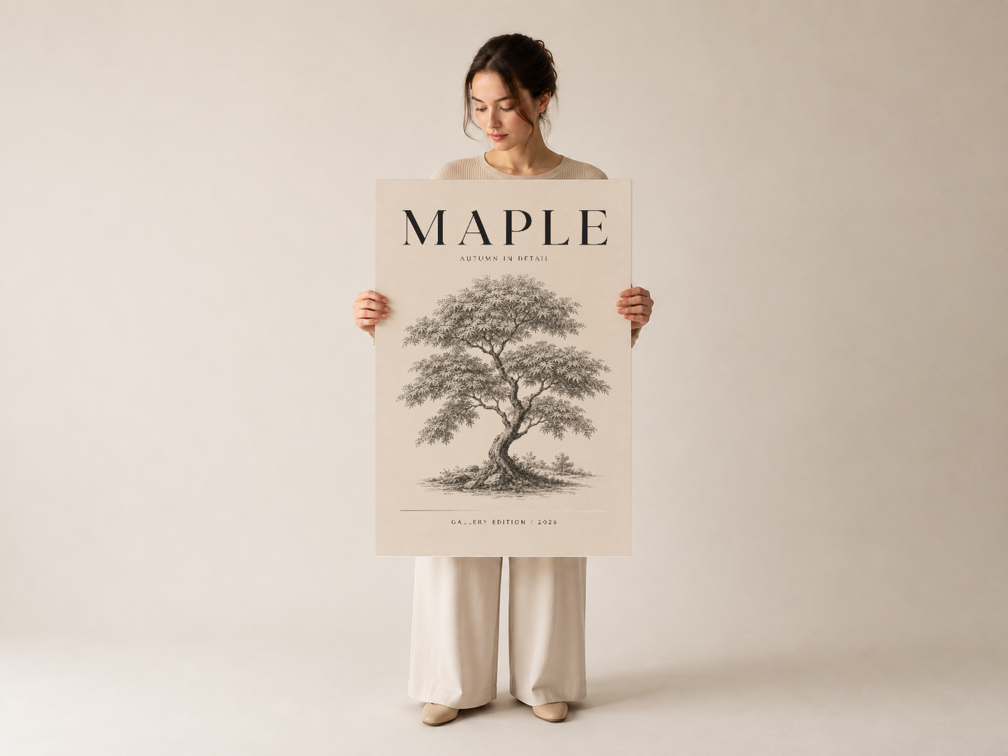 Maple ağacı vintage stil sanat baskısı, galeri kalitesi tablosu, klasik botanik tasarıma sahip.