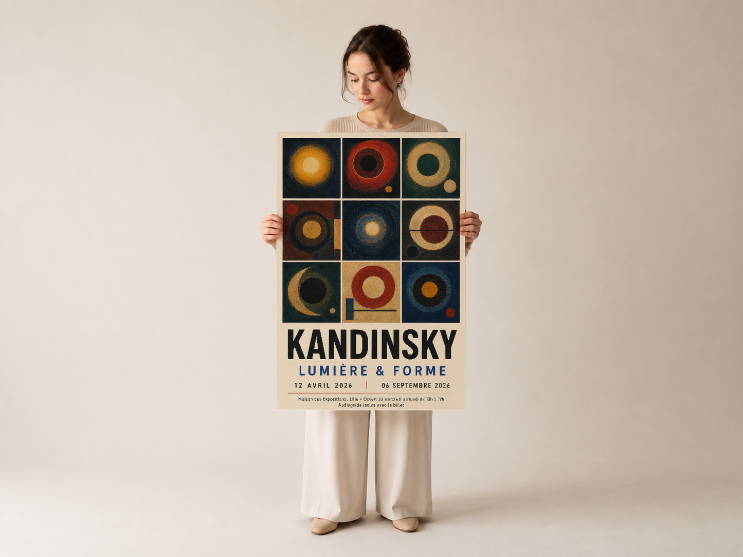 Kandinsky sanat posteri, kişinin elinde tuttuğu baskı ürün olarak renkli dairelerin canlılığını sergiliyor.
