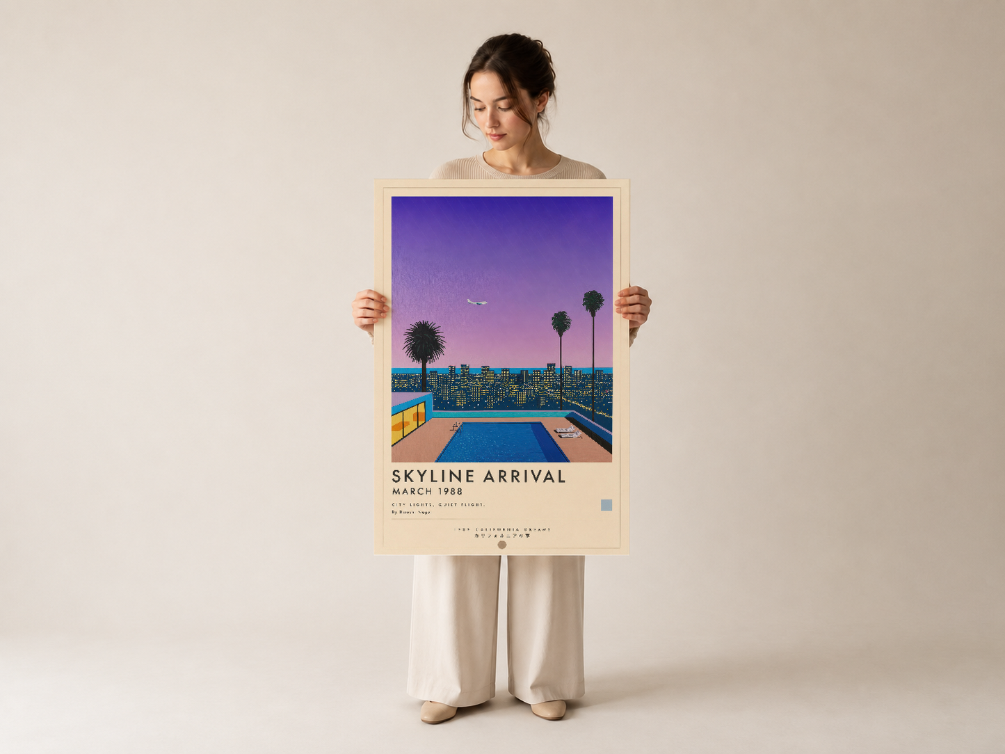 Tutulan Los Angeles temalı Skyline Arrival posterinin ince çerçevesi ve vintage stil yatay formatı.