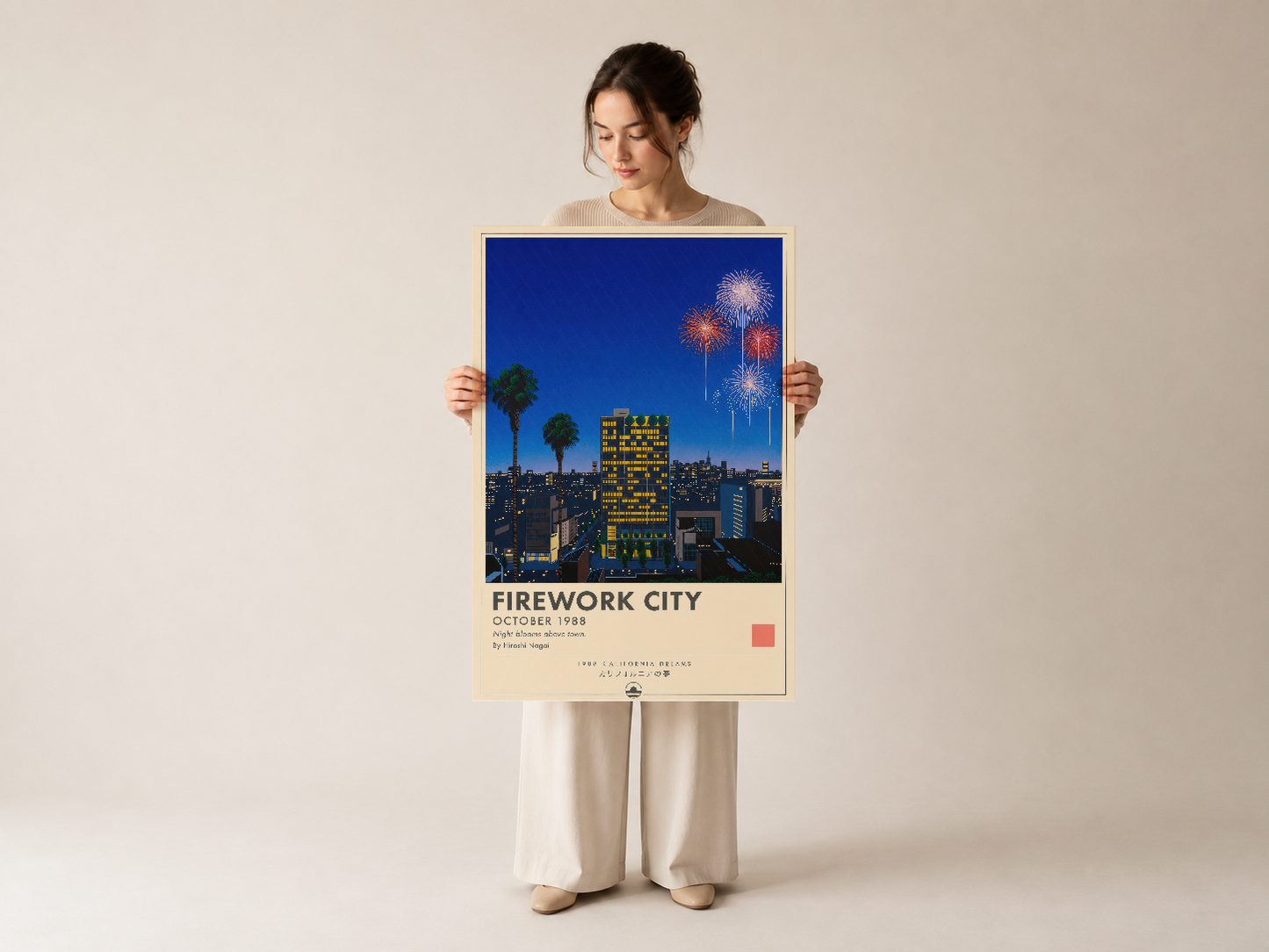 Firework City duvar tablosu, Los Angeles şehir manzarası ve parlayan havai fişekleri gösteren çağdaş sanat stilinde