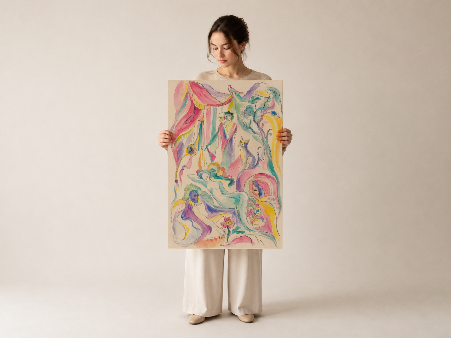 Canlı soyut sanat eseri, pembe, mor, sarı renklerle figürel ve ornamental öğelerin yer aldığı poster baskı.