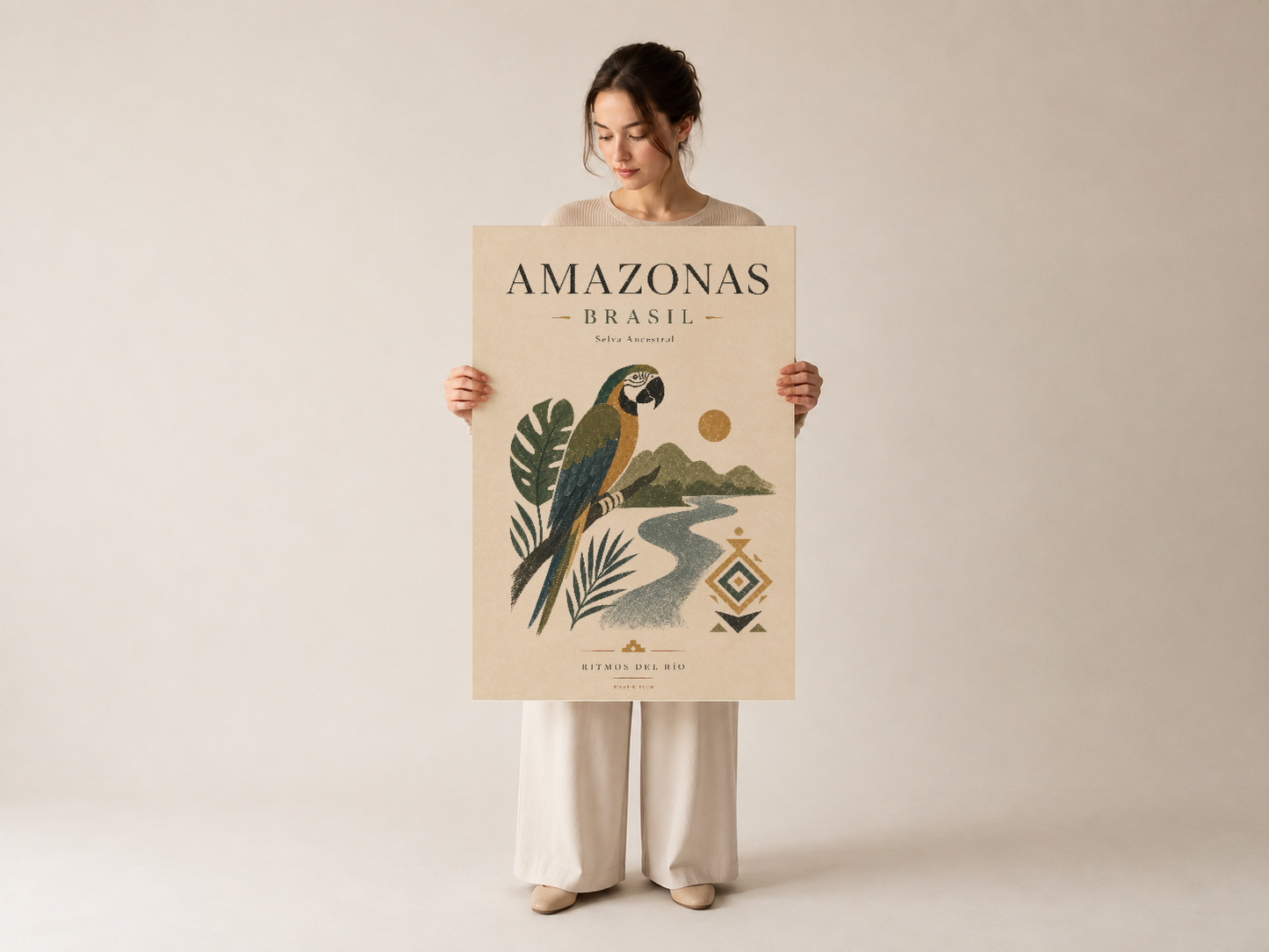 Amazonas Brasil tablosu, papağan, dağlar ve etnografik detaylarla bohemyen tasarımı sunan poster.
