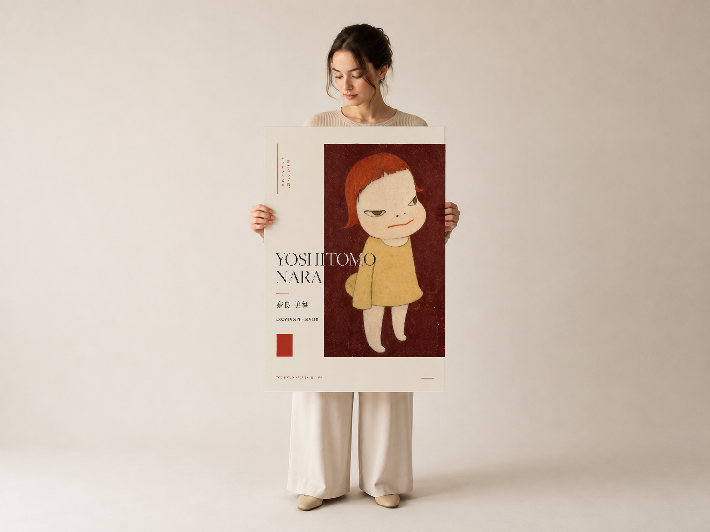 Renkli kız portresinin yer aldığı çağdaş sanat posteri, tipografik detaylar içeren özgün tasarım baskısı.