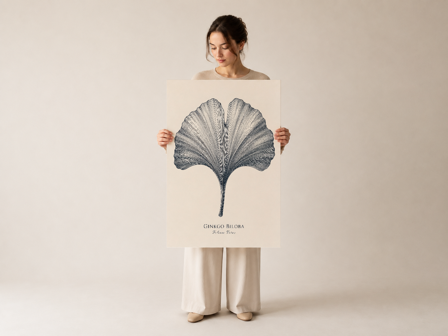 Ginkgo Biloba etching stil poster, doğal ve şeffaf botanik motifi duvar sanatı.