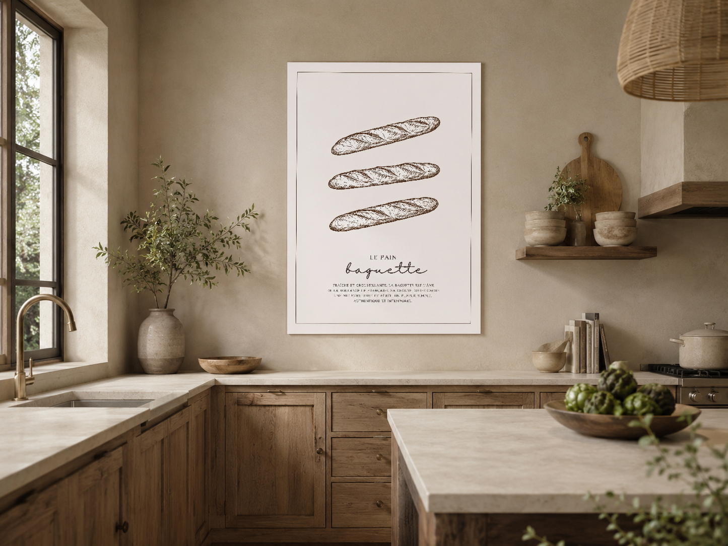 Üç baget çizimi ve Le Pain Baguette yazılı poster, masif ahşap mutfak mobilyası arka planında duvarında.