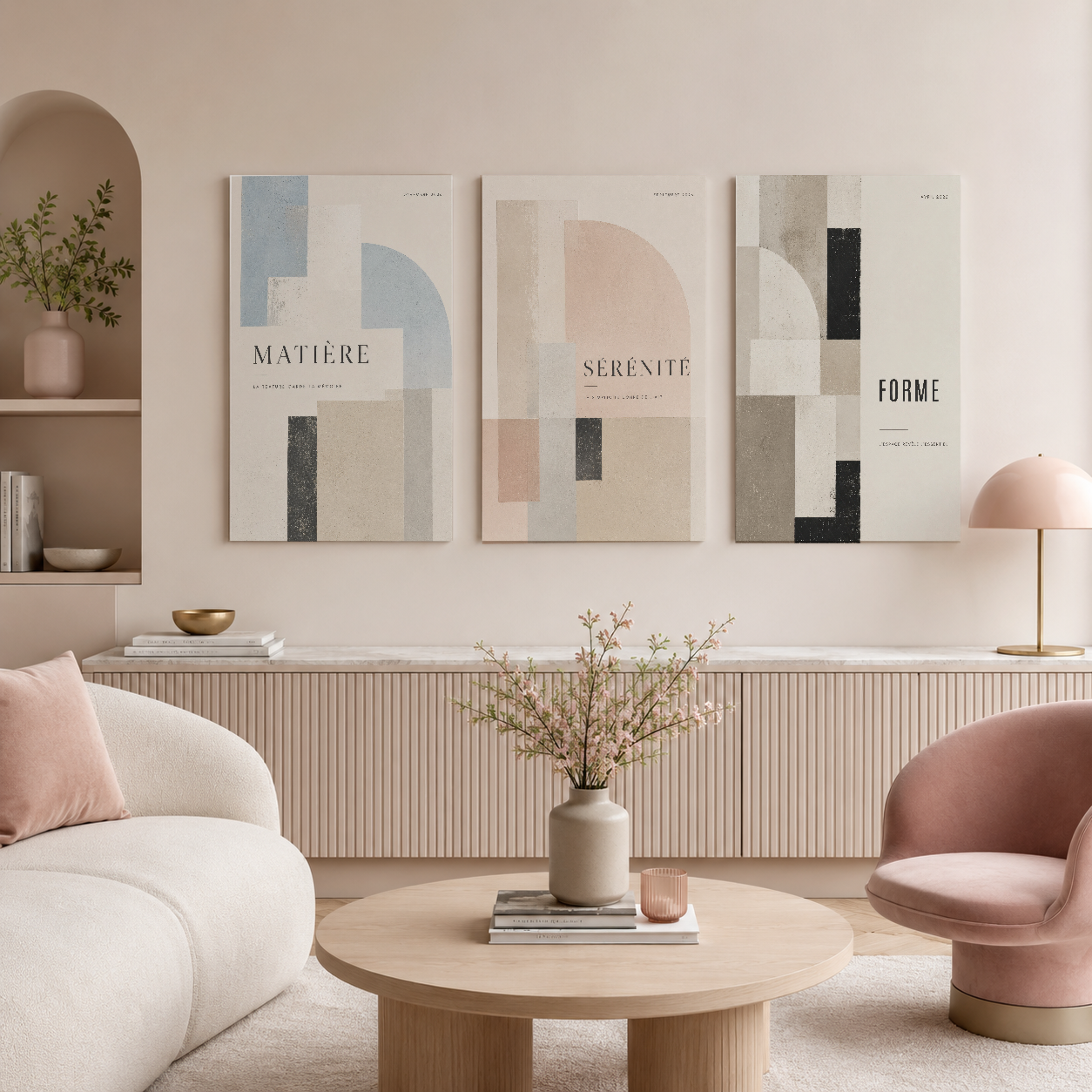 Matiere, Serenite ve Forme üç panel tablo seti, minimalist oturma odasında duvar dekorasyon olarak, soyut geometri ve nötr