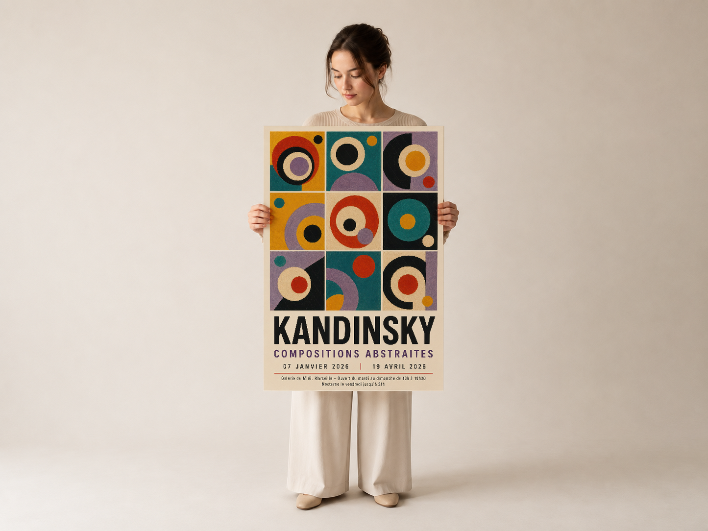 Kadın ellerinde Kandinsky geometrik tablo, vibrant daire desenleri, modern sanat galerisi afişi.
