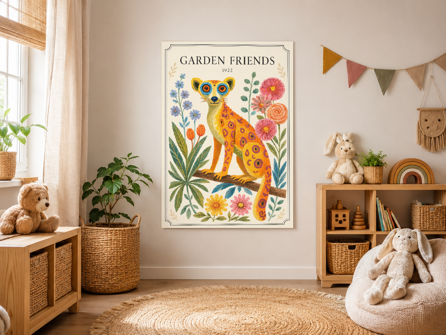 Sarı Pembe Leopar ve Çiçekler Botanik Vintage Duvar Tablosu