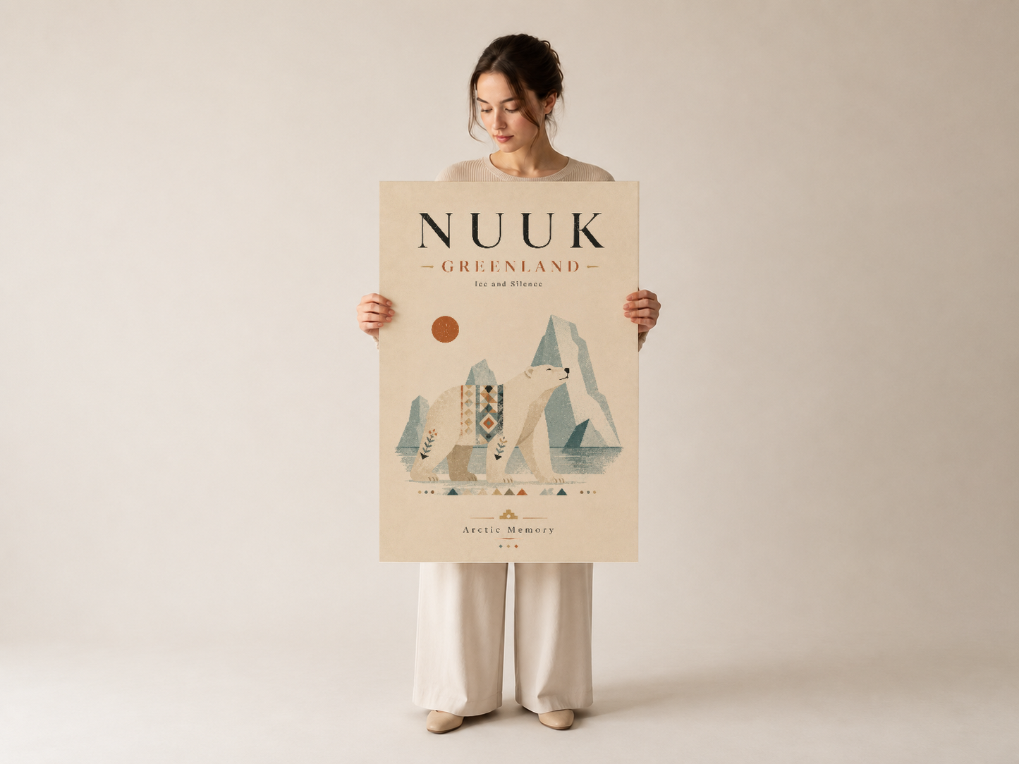 Nuuk Greenland tablosu, soyut arktik manzarası ve kültürel öğeleriyle dekoratif duvar sanatı.