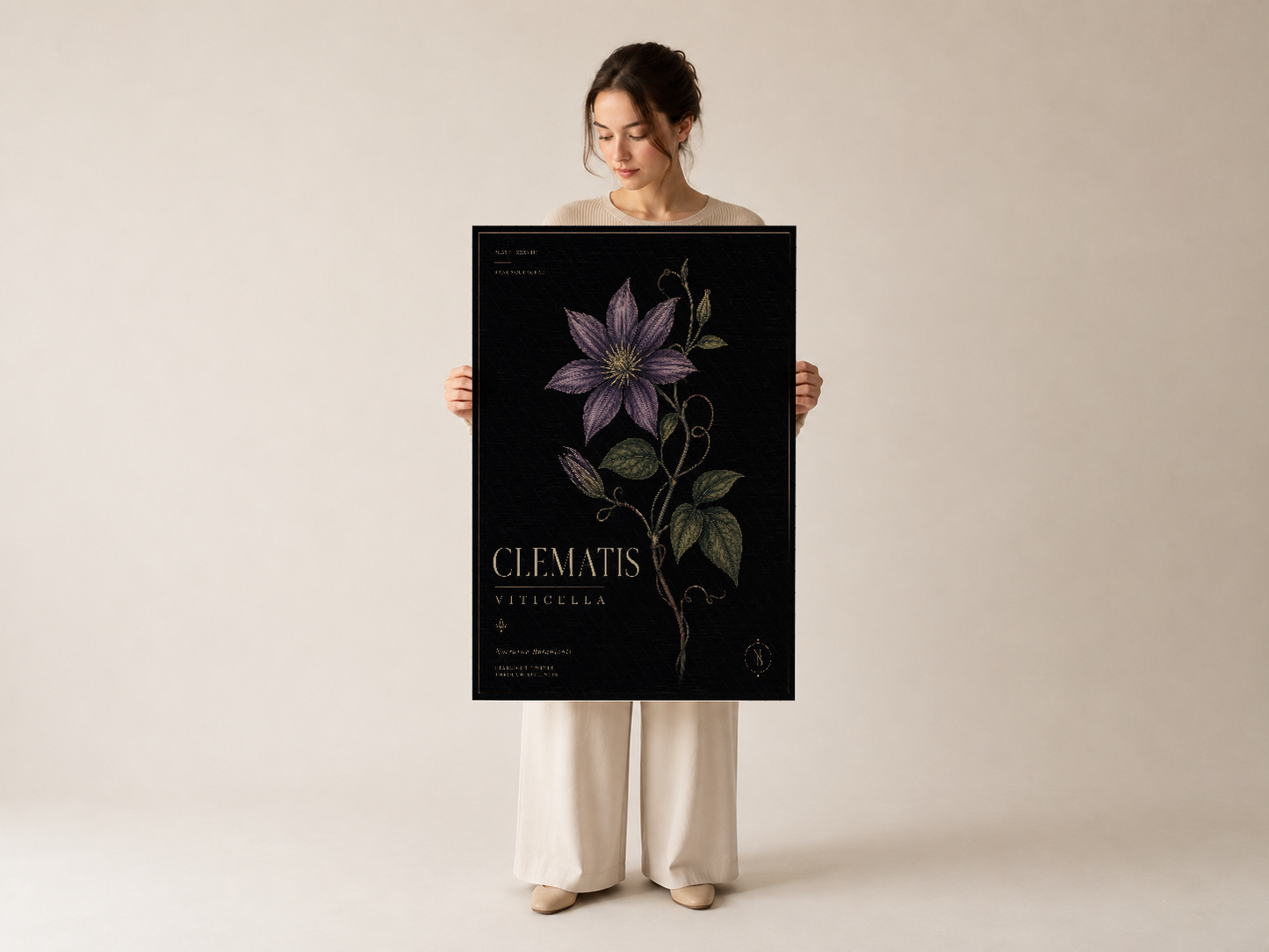 Clematis Viticella duvar tablosu, detaylı botanik çizimle siyah arka plana mor çiçek tasarımı.