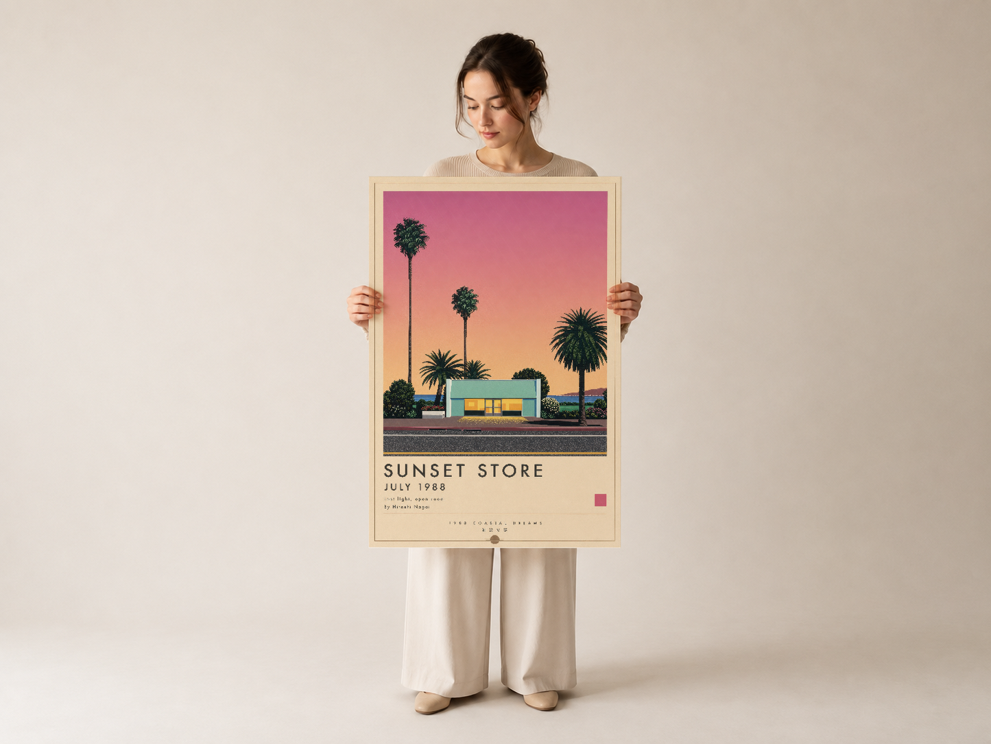 Krem renginde tutulan Sunset Store posteri, palmiye siluetleri ve gün batımı gradyanı ile dekoratif duvar sanatı.