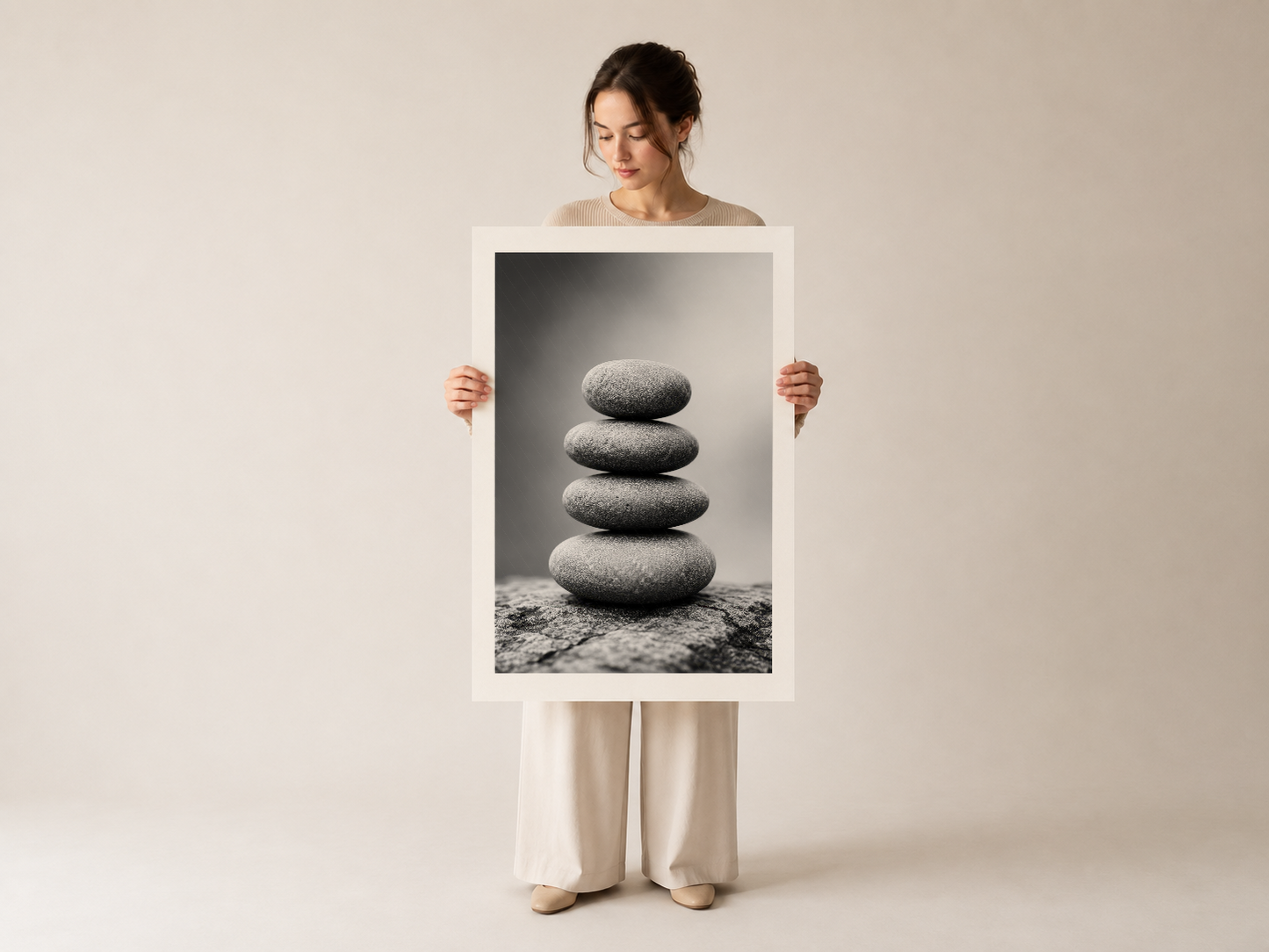 Taş yığını monokrom poster, temiz beyaz mat çerçeveli yoga ve meditasyon ilhamlı sanat