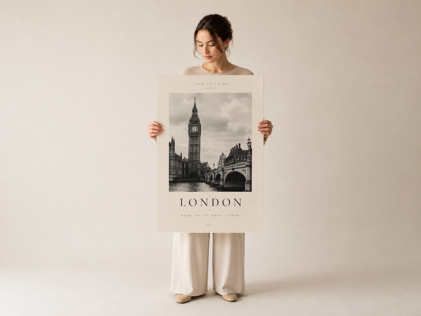 London posteri elle tutulmuş pozisyonda, Big Ben ve Thames Nehri'nin klasik manzarası.