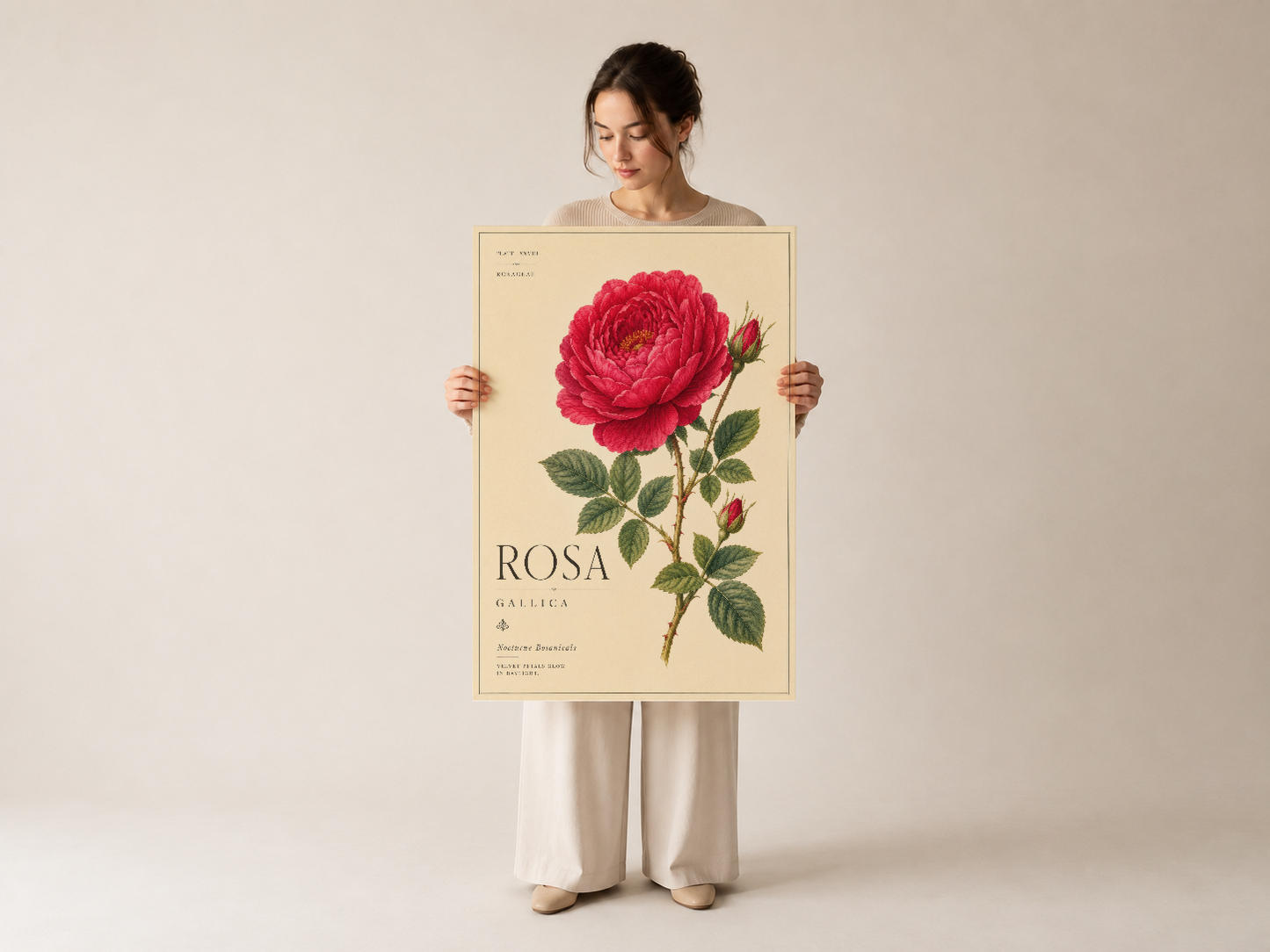 Kırmızı gül botanik tablosu, vintage bilimsel stil poster, Rosa Gallica sanat baskısı.