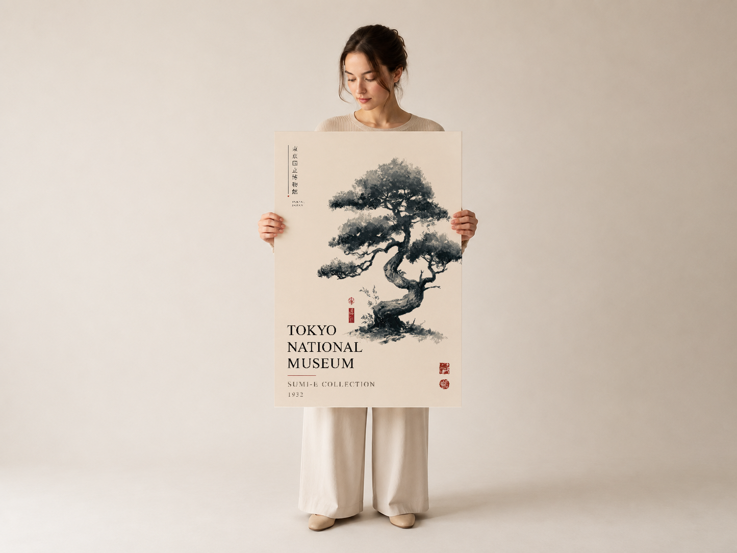 Japon müze koleksiyonundan esinlenmiş, minimalist bonsai ağacı motifli duvar sanat posteri.