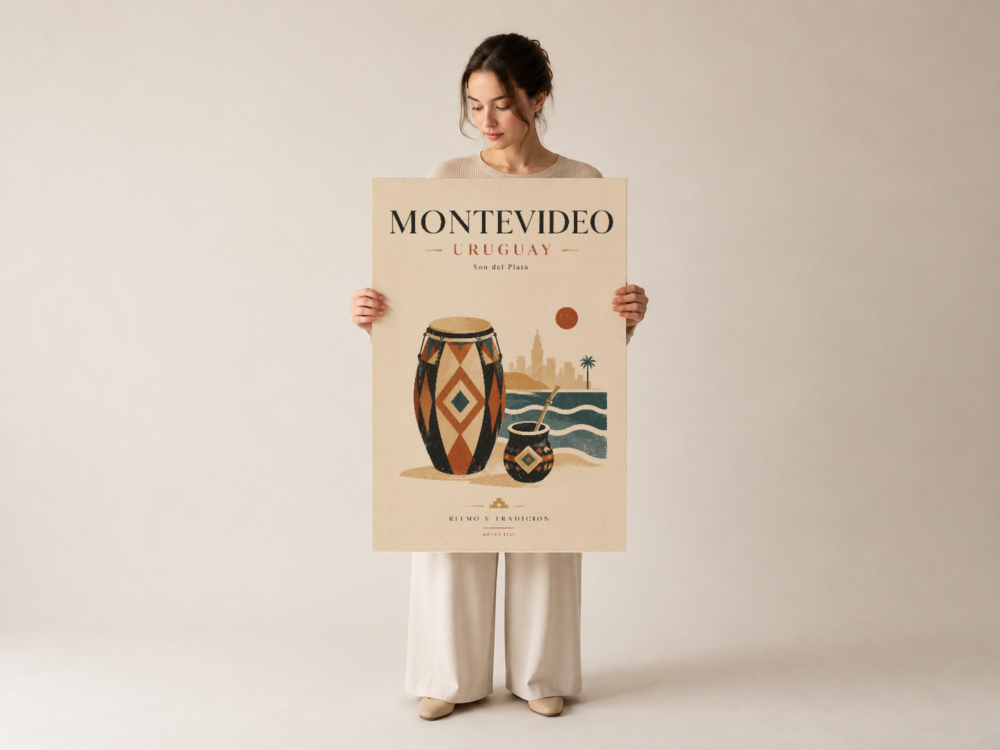 Montevideo Uruguay poster, kültürel sembollerle Güney Amerika'nın atmosferini evlere taşıyan, sanatsal ve nostaljik tasarım.