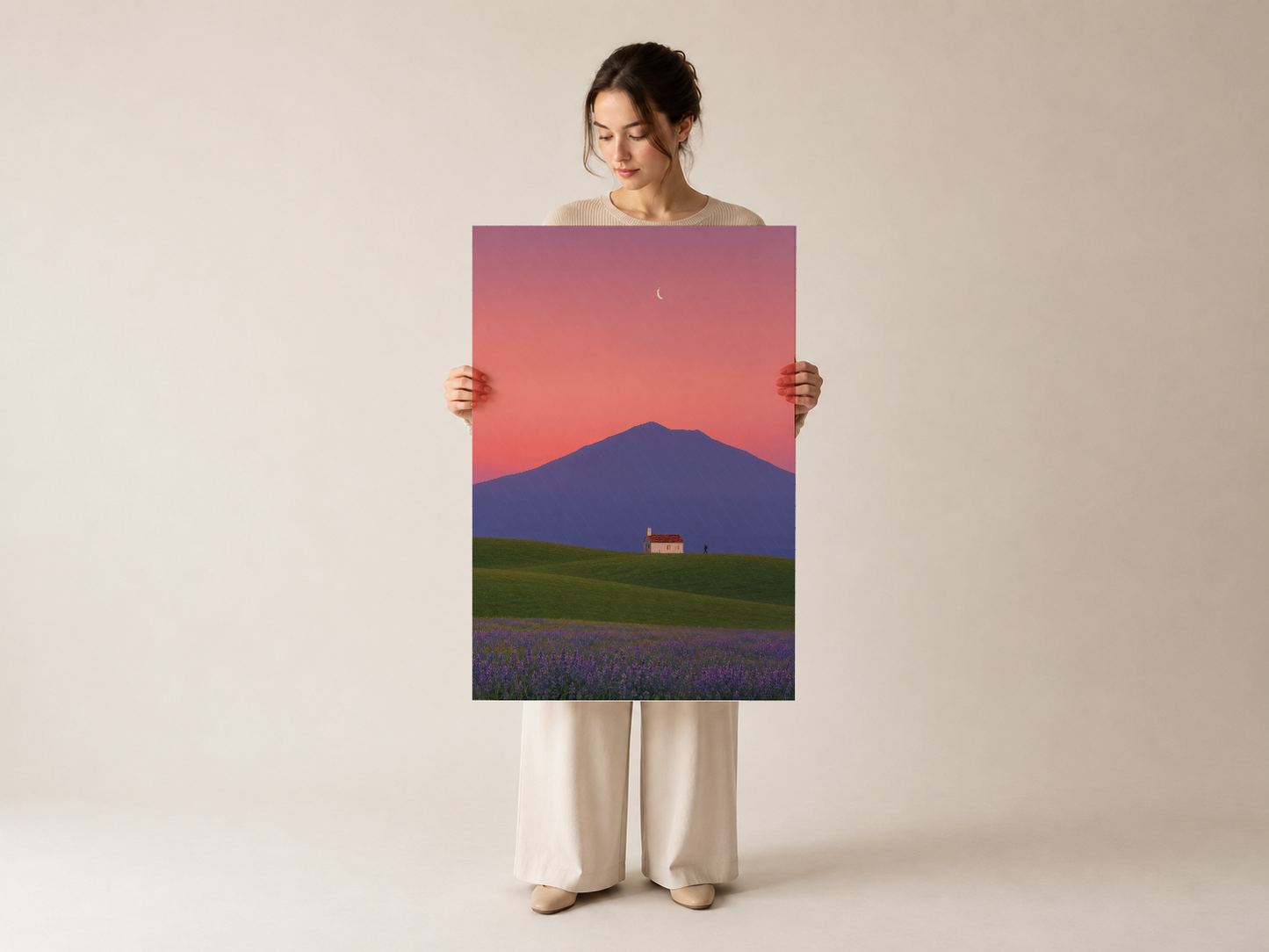 Gün batımı temalı soyut manzara tablosu, gradient pembe tonları, dağ ve tarla konulu modern poster.