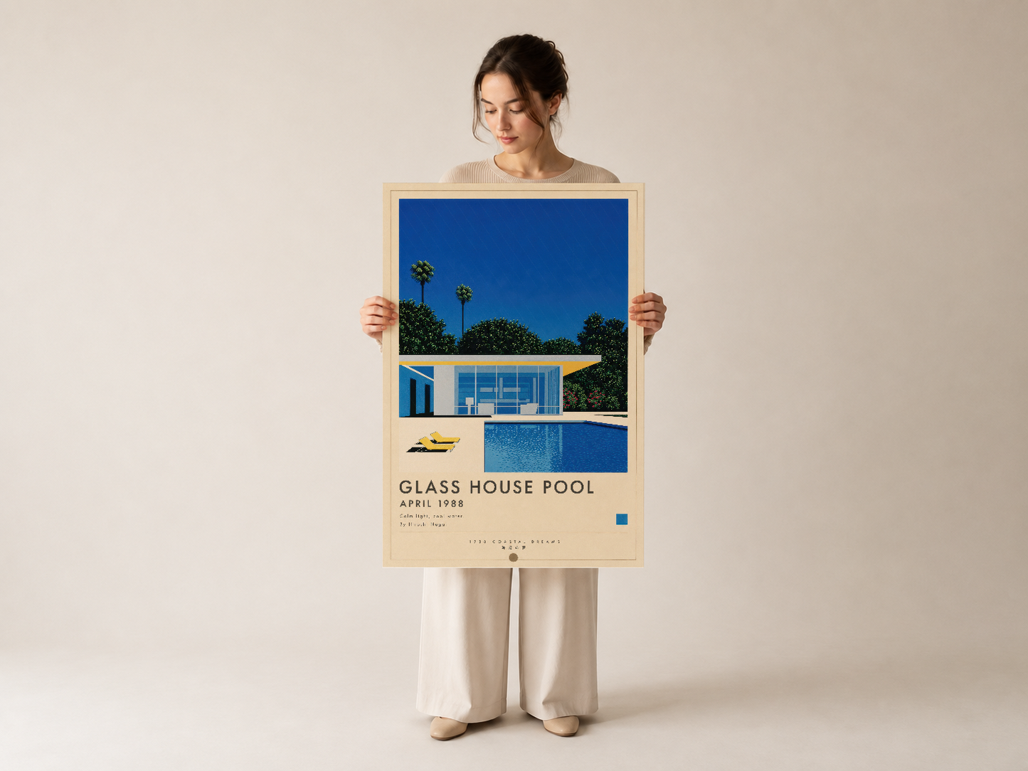 Glass House Pool poster, vintage stil ve mimari detaylarıyla duvarınıza stil katacak eserdir.