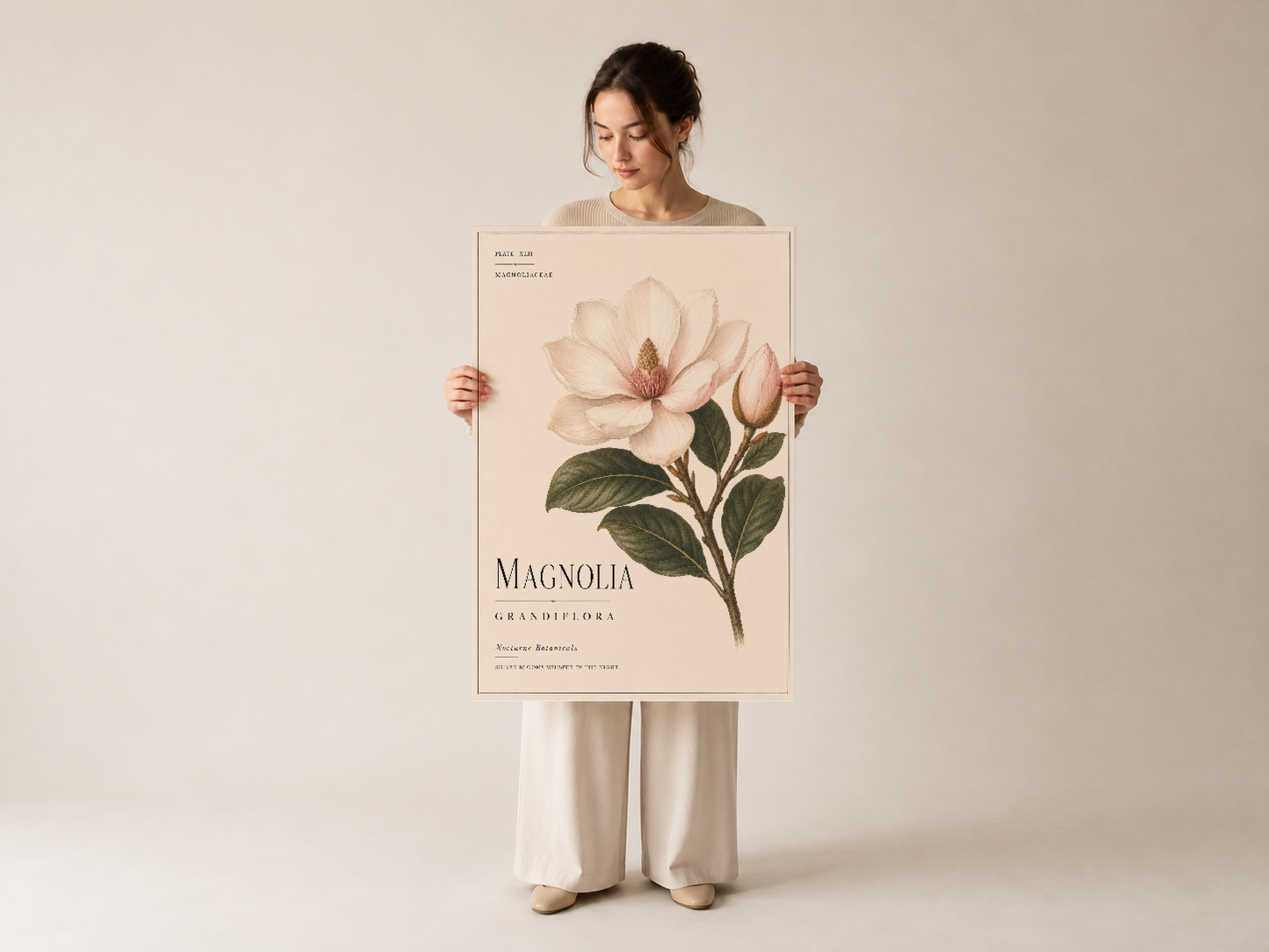 Magnolia grandiflora botanik sanat baskısı, ince çizim tarzı ve şeffaf suluboya renkleriyle minimalist tasarım.