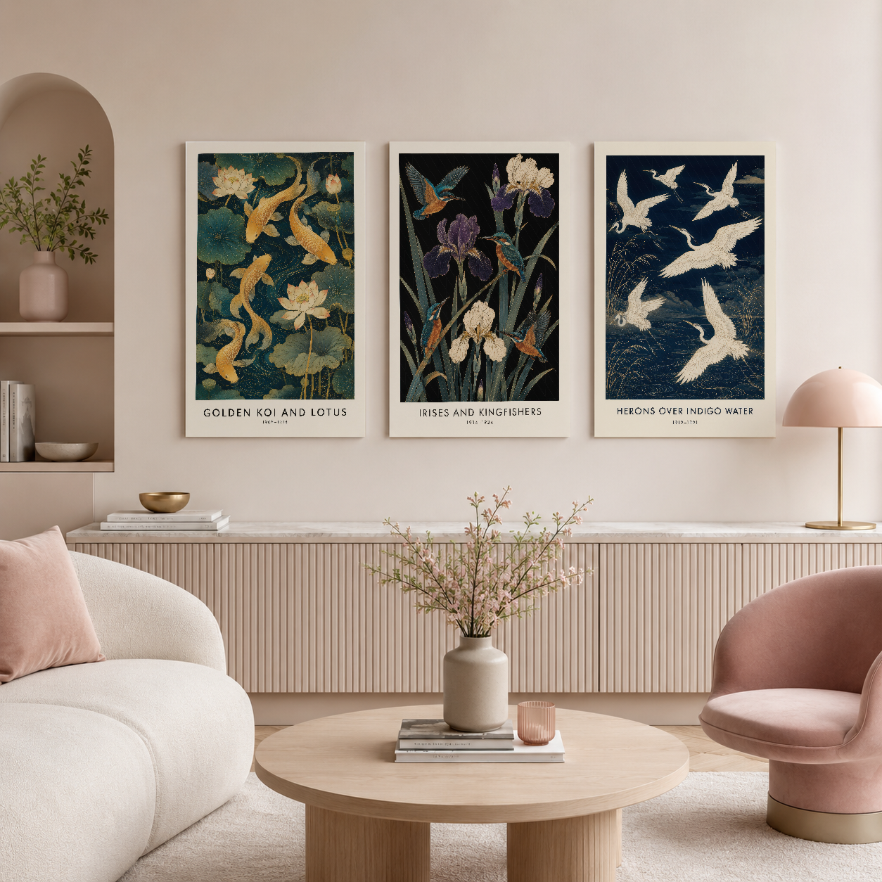 Dekoratif üç parça tablo koleksiyonu: koi balıkları, iris ve heronlar, pastel tonlu modern iç mekan tasarımında.