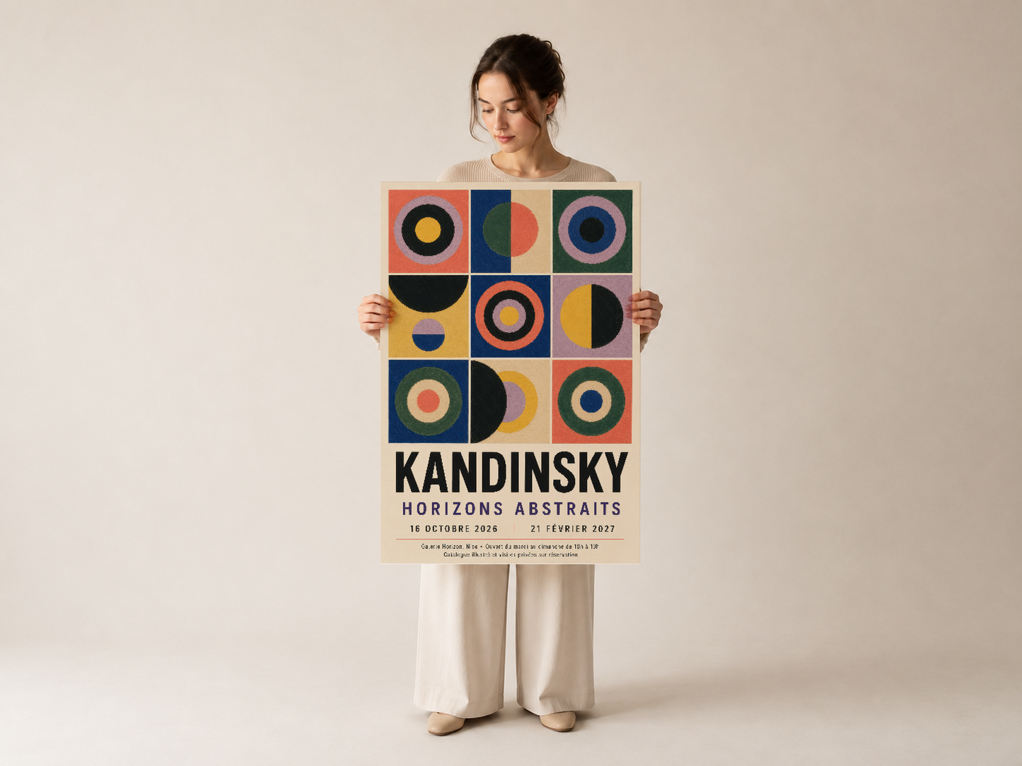 Kandinsky Horizons Abstraits tablosu, renkli daireler ve yarım dairelerden oluşan dinamik soyut sanat eseri.