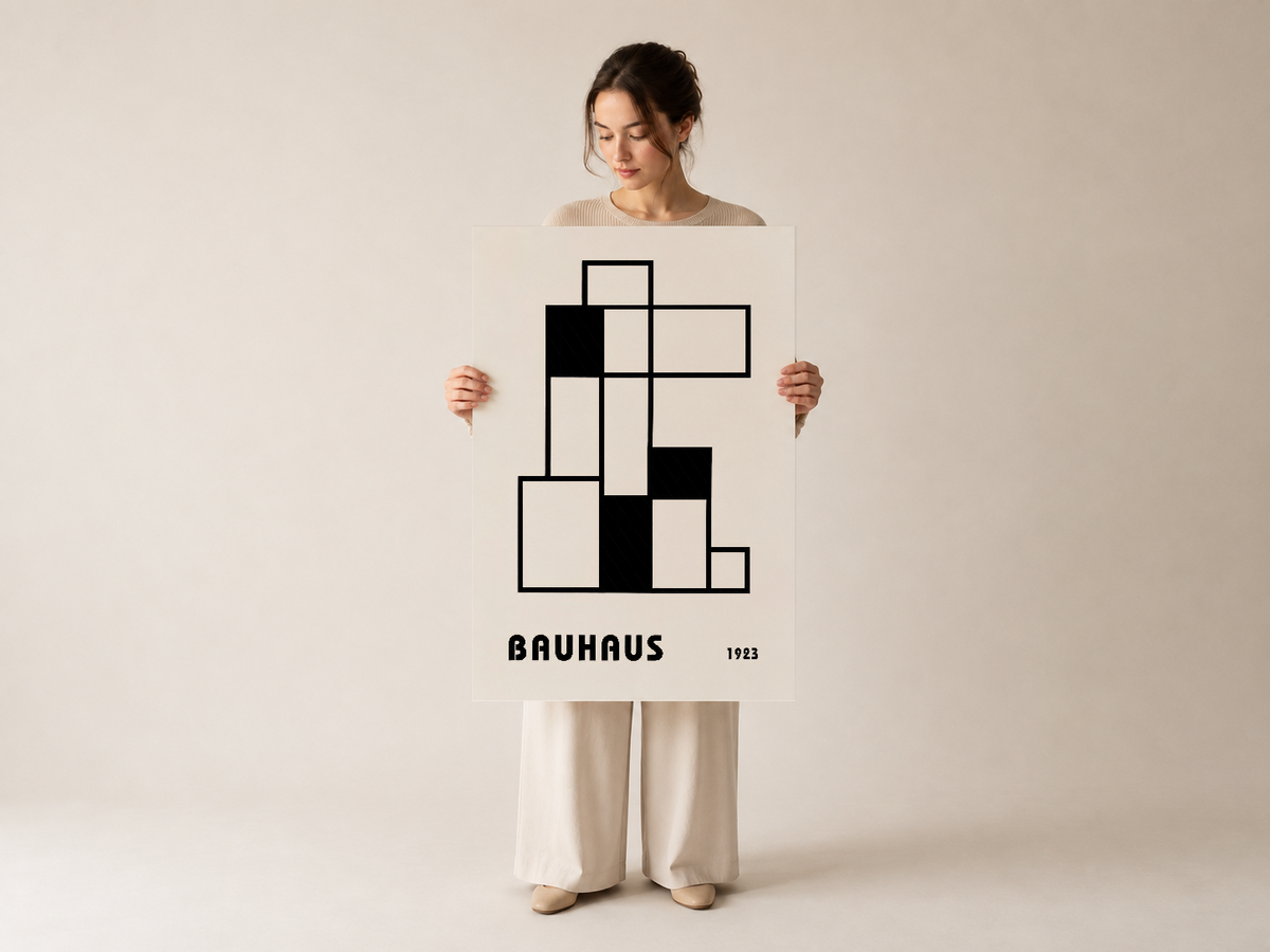 Bauhaus 1923 modernist tasarımı, siyah-beyaz geometrik karelerin sanatsal bileşimi, poster baskı.
