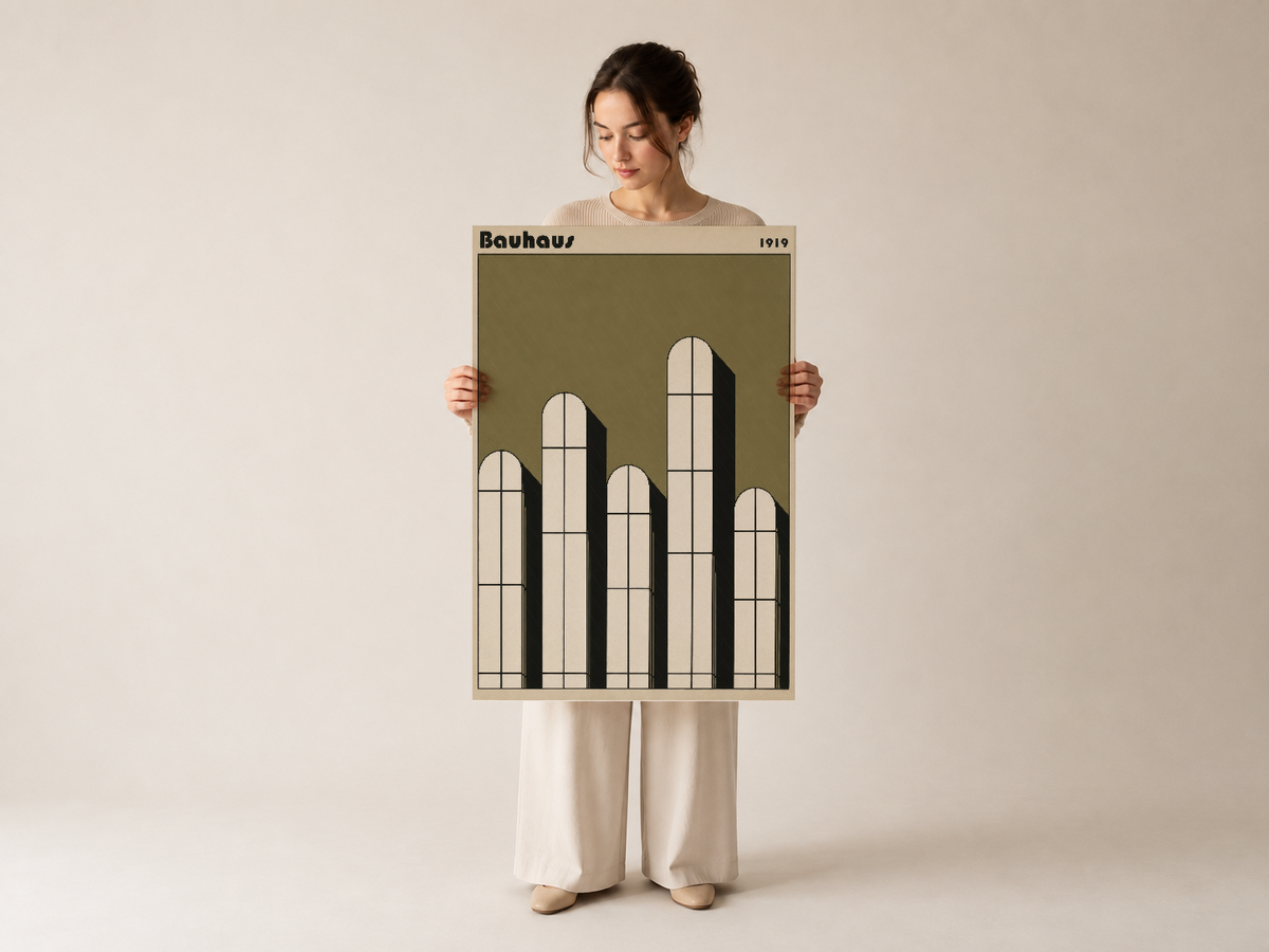 Bauhaus geometrik kapı tasarımı, olive zemin üzerinde siyah pencere desen detaylı poster, açık çerçevede.