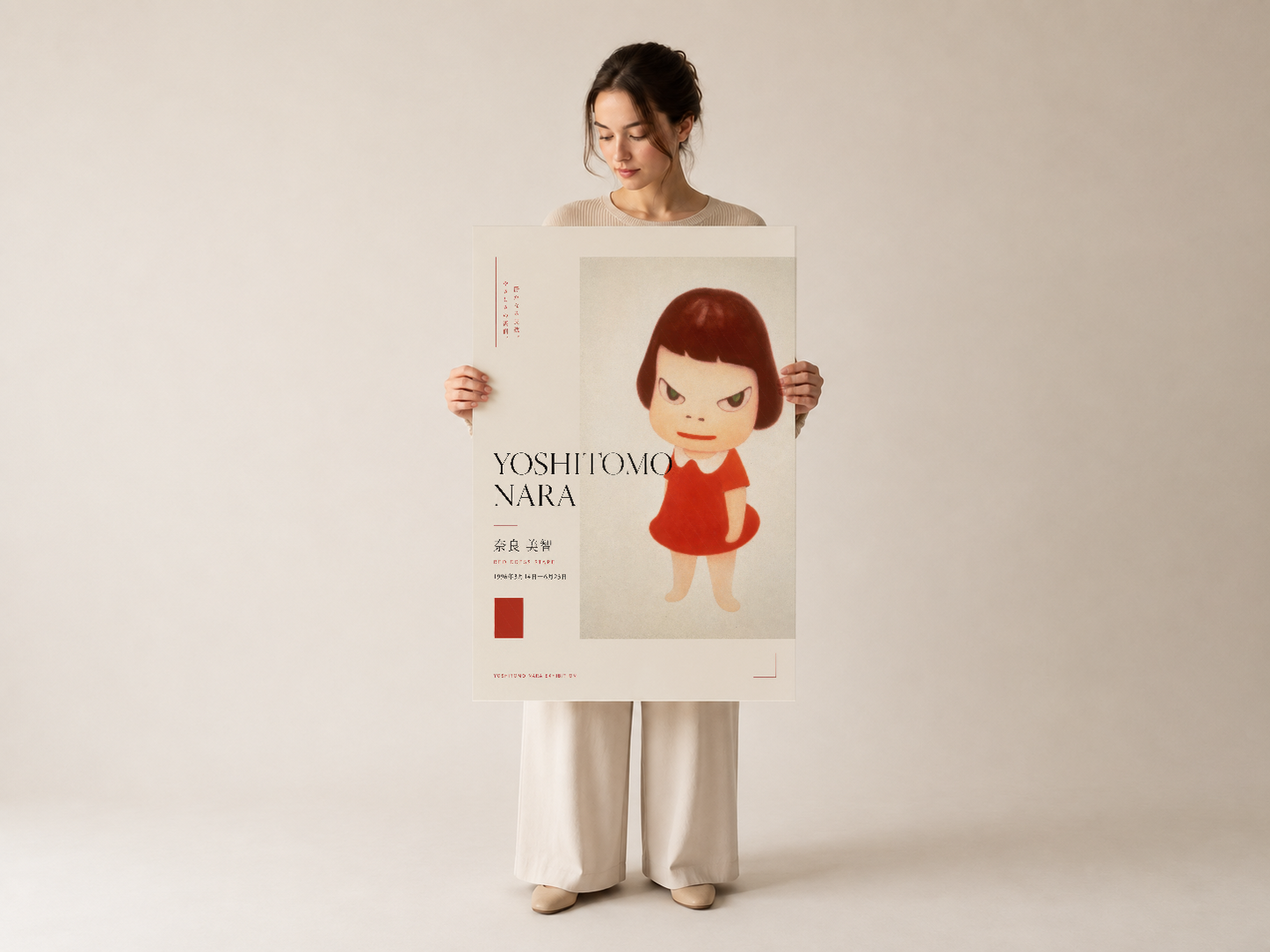 Yoshitomo Nara'nın ikonik çalışması, siyah beyaz ve kırmızı renk palet ile tasarlanmış poster.