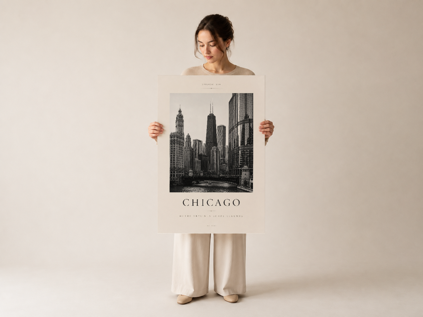 Chicago gökdelen manzarası tablosu tutan kadın, şık nötr poses.