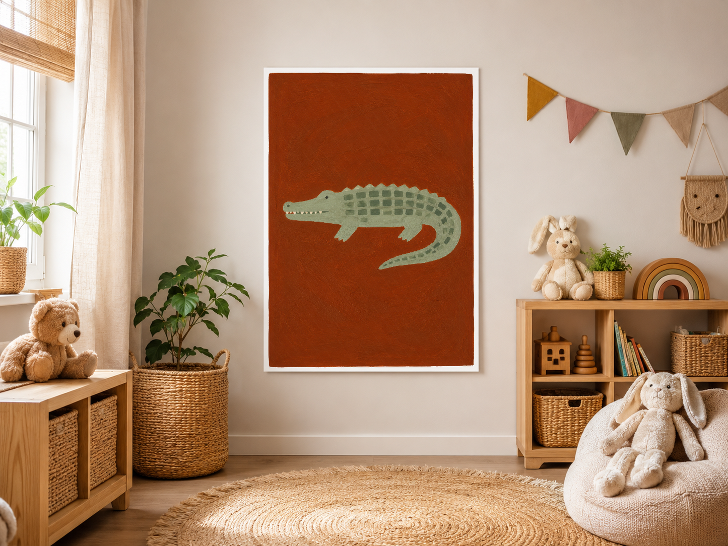 Sıcak renklerde timsah baskı, çocuk alanında doğa temalı, minimalist ve çekici poster.