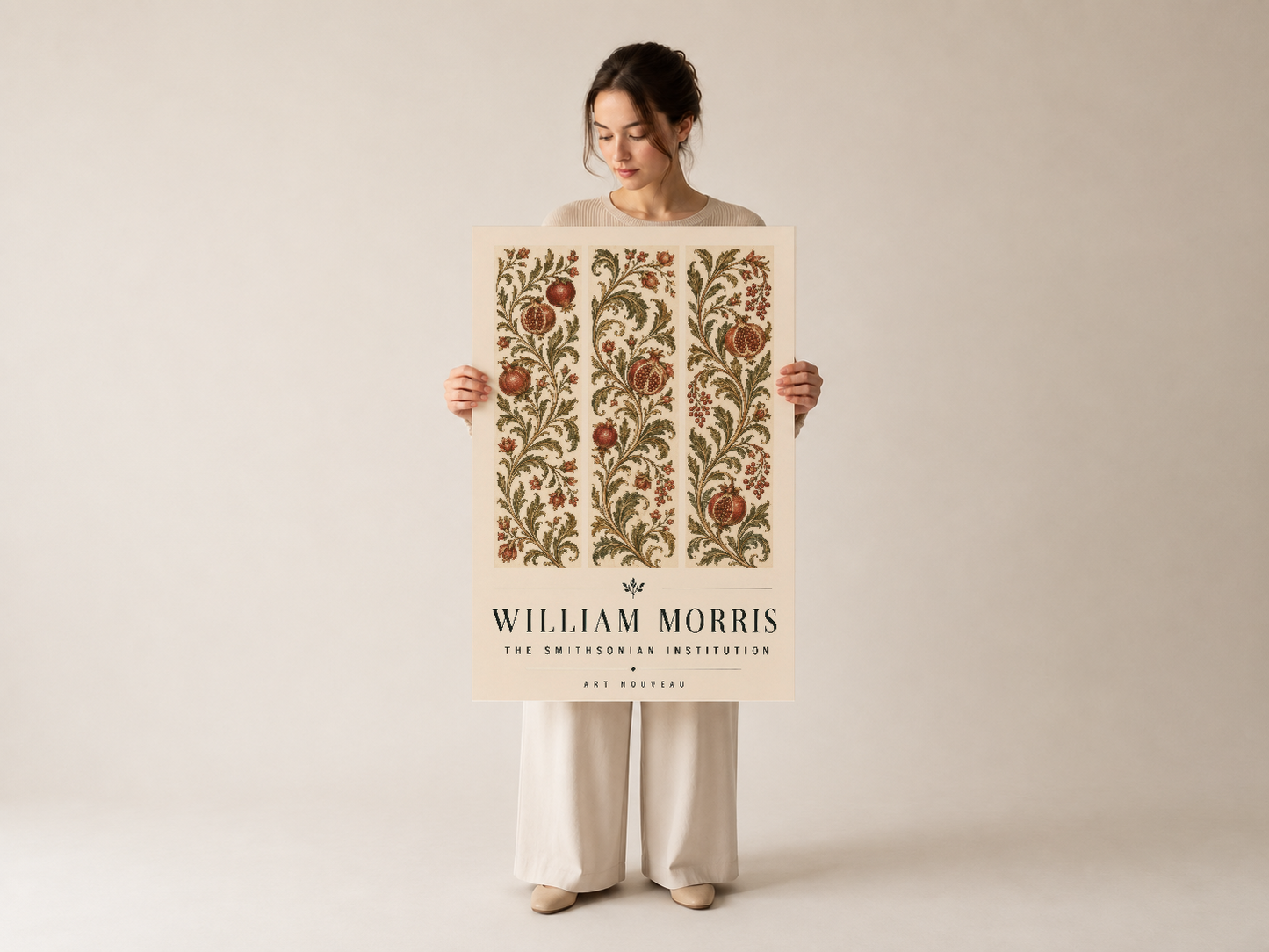 William Morris Art Nouveau duvar tablosu, kırmızı nar motifli klasik tasarım, elde tutularak sergileniyor.