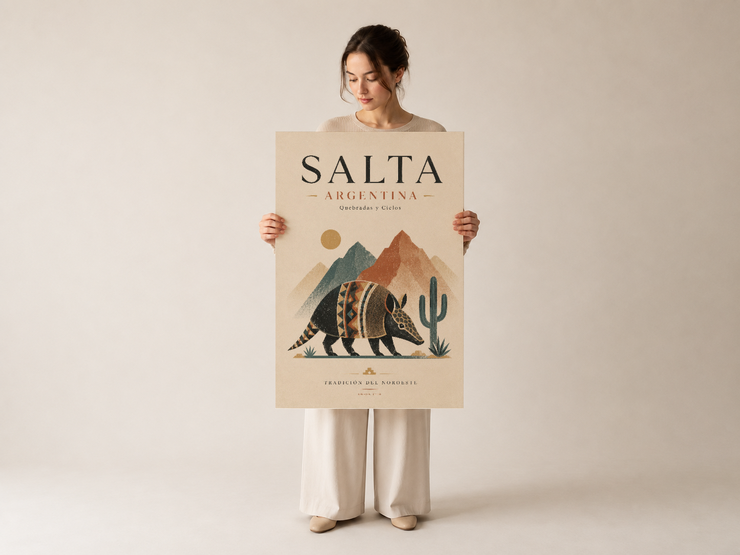 Salta Argentina posteri, tutulmuş; Andean yaşam geleneğini yansıtan dağlık manzara ve hayvan figürü.