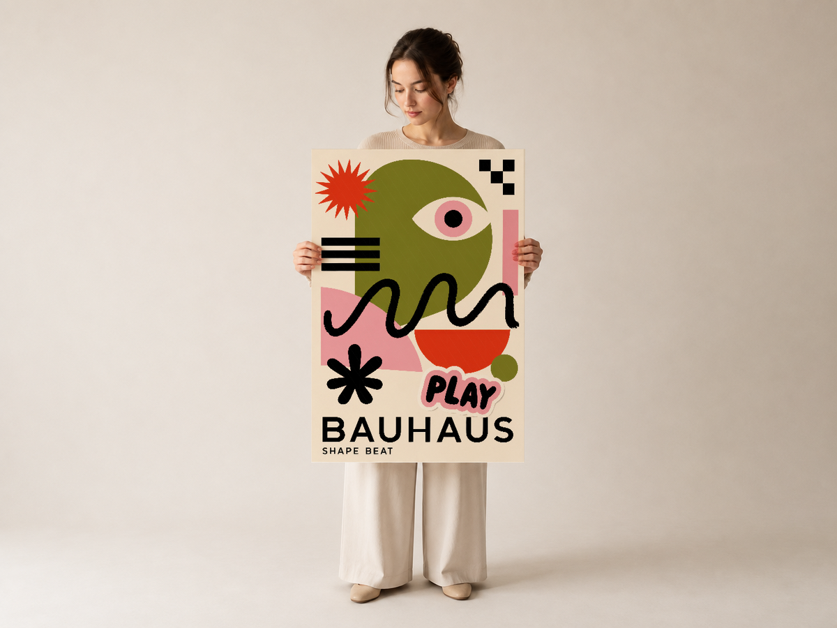 Bauhaus Shape Beat duvar tablosu, cesur renkleri ve oyuncu formlarıyla modernist dekorasyon tutkularına sesleniyorum.