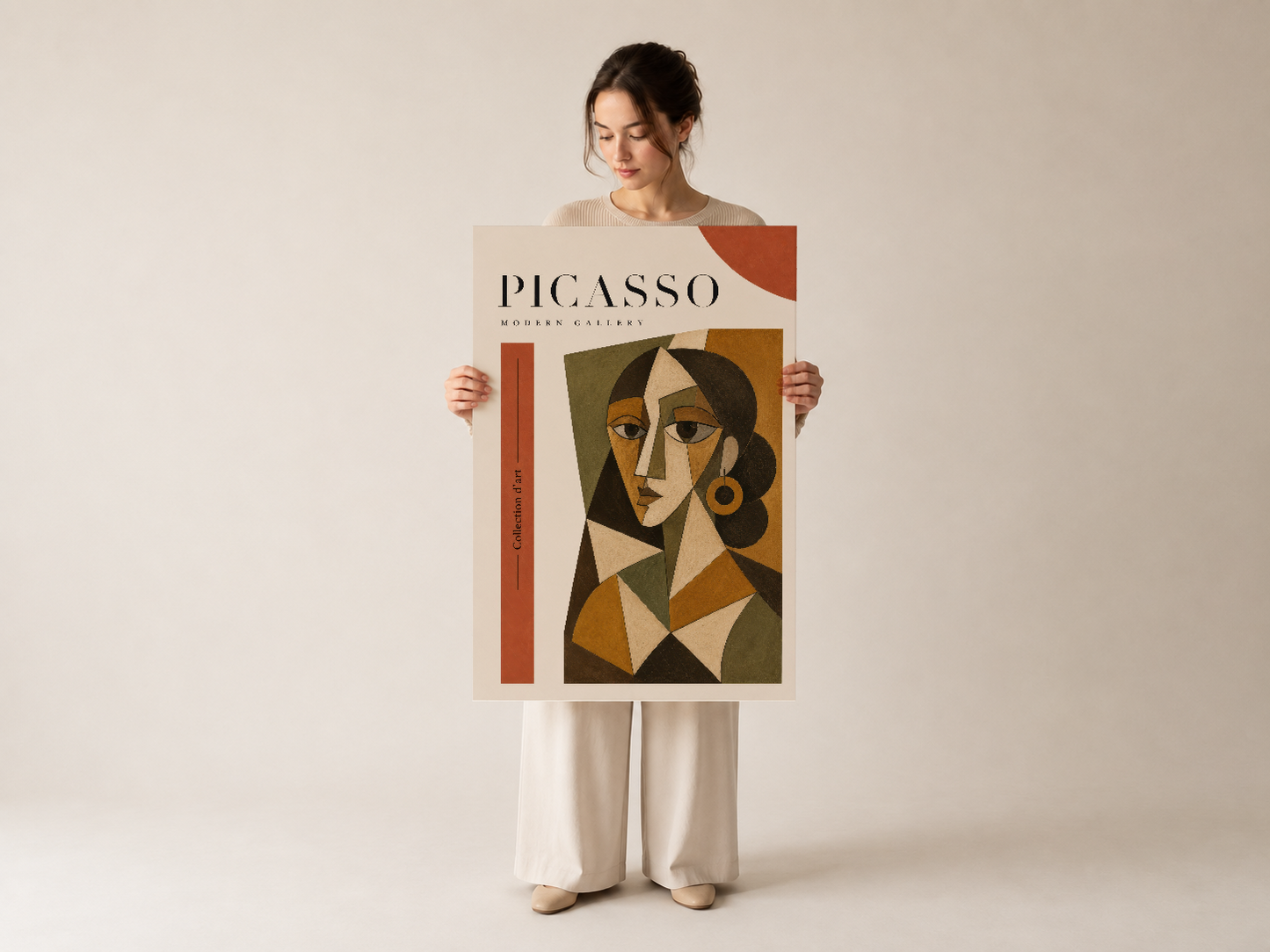 Modern sanat tarzında geometrik yüz, sıcak paletli Picasso ilham çerçeveli duvar tablosu.