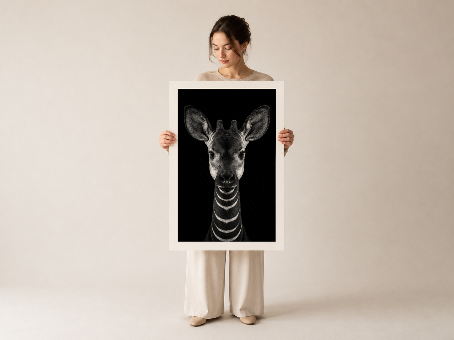 Krem rengi giyisili kadın tarafından sergilenen zebra başı poster tablosu.