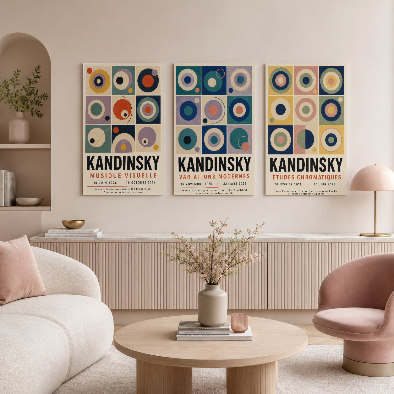 Kandinsky poster seti, minimalist oturma alanının duvarında geometrik ve renk uyumunun mükemmel örneği.