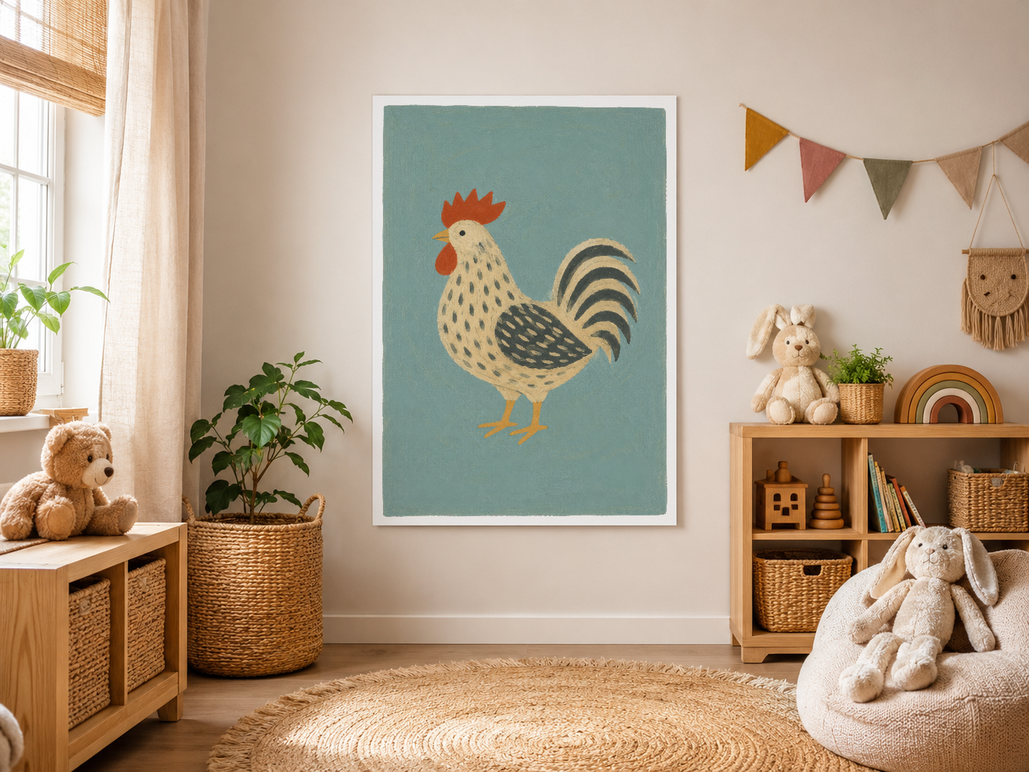 Boho tarzı horoz baskısı, nötr duvarda asılı çocuk odası dekorasyonu için ideal sanat eseri.