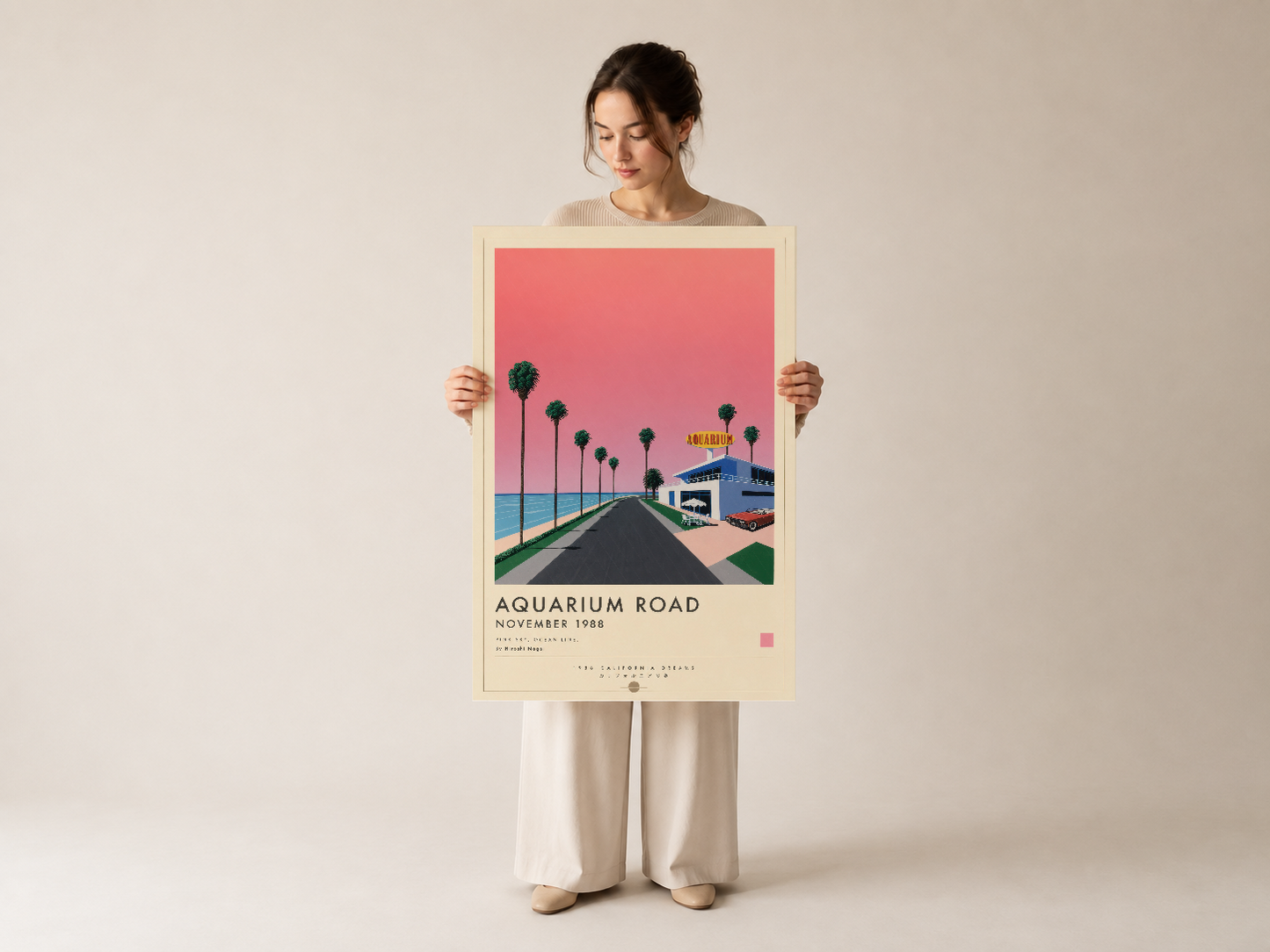 Aquarium Road duvar sanatı, pastel pembe ve mavi renklerle tasarlanan nostaljik California manzara posteri.