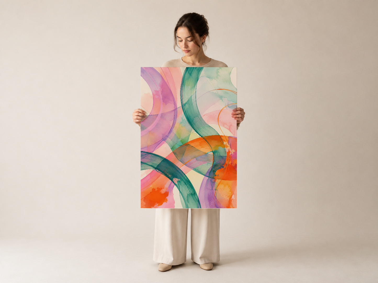 Pastel ve canlı tonların karışımıyla oluşturulmuş soyut sanat baskısı.