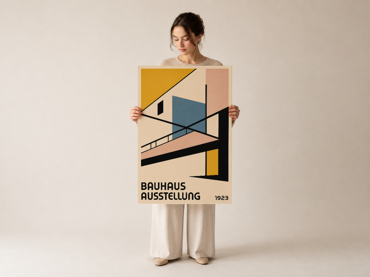 Bauhaus tarzı geometrik poster, keskin açılar ve yüksek kontrast renkleriyle modernist tasarım klasiği.