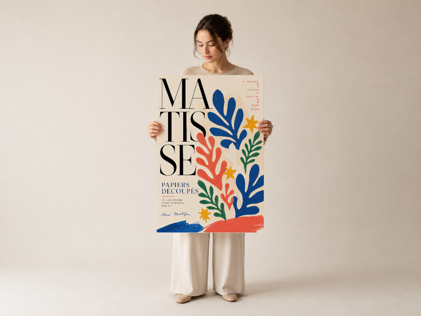 Kesme kağıt stilindeki Matisse posteri, sanatçı tarafından gösterildi; modern dekorasyon için canlı renk.