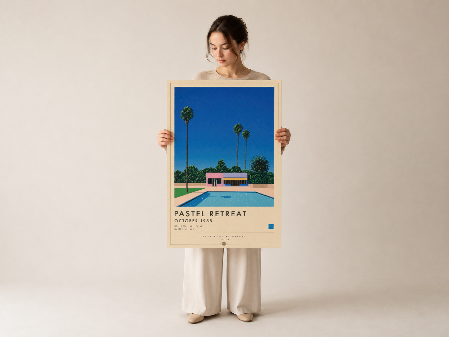 Pastel Retreat tablosu, retro poster karakteri ile vintage mimariye ve mavi su havuzunun iyimser atmosferine dönüşüyor.
