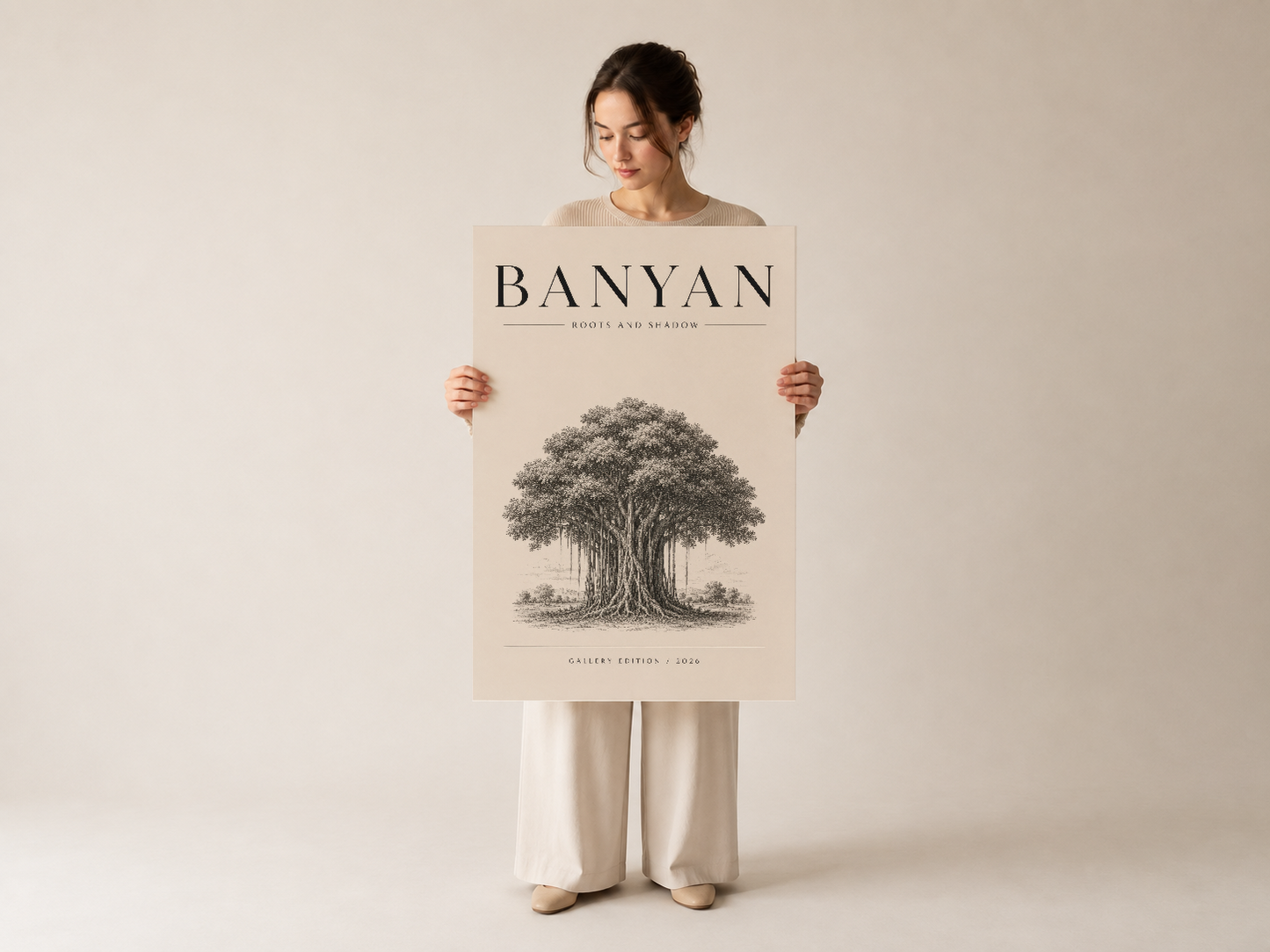 Banyan duvar resmi, izleyicinin elleriyle tuttuğu halinde, dönem tasarım edisyonu ağaç grafiğinin büyüklüğünü gösteriyor.