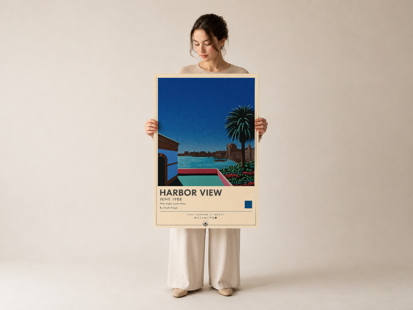 1988 tasarımı Harbor View tablosu, sanat koleksiyonu ve ev dekorasyonu için ideal retro stil poster baskı.