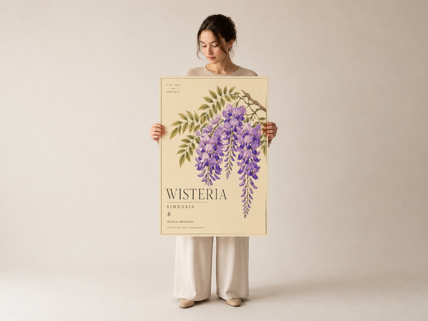 Mor sarkan çiçekli wisteria botanik baskısı, klasik poster çerçevesi ile tutulan geniş dekorasyonu.