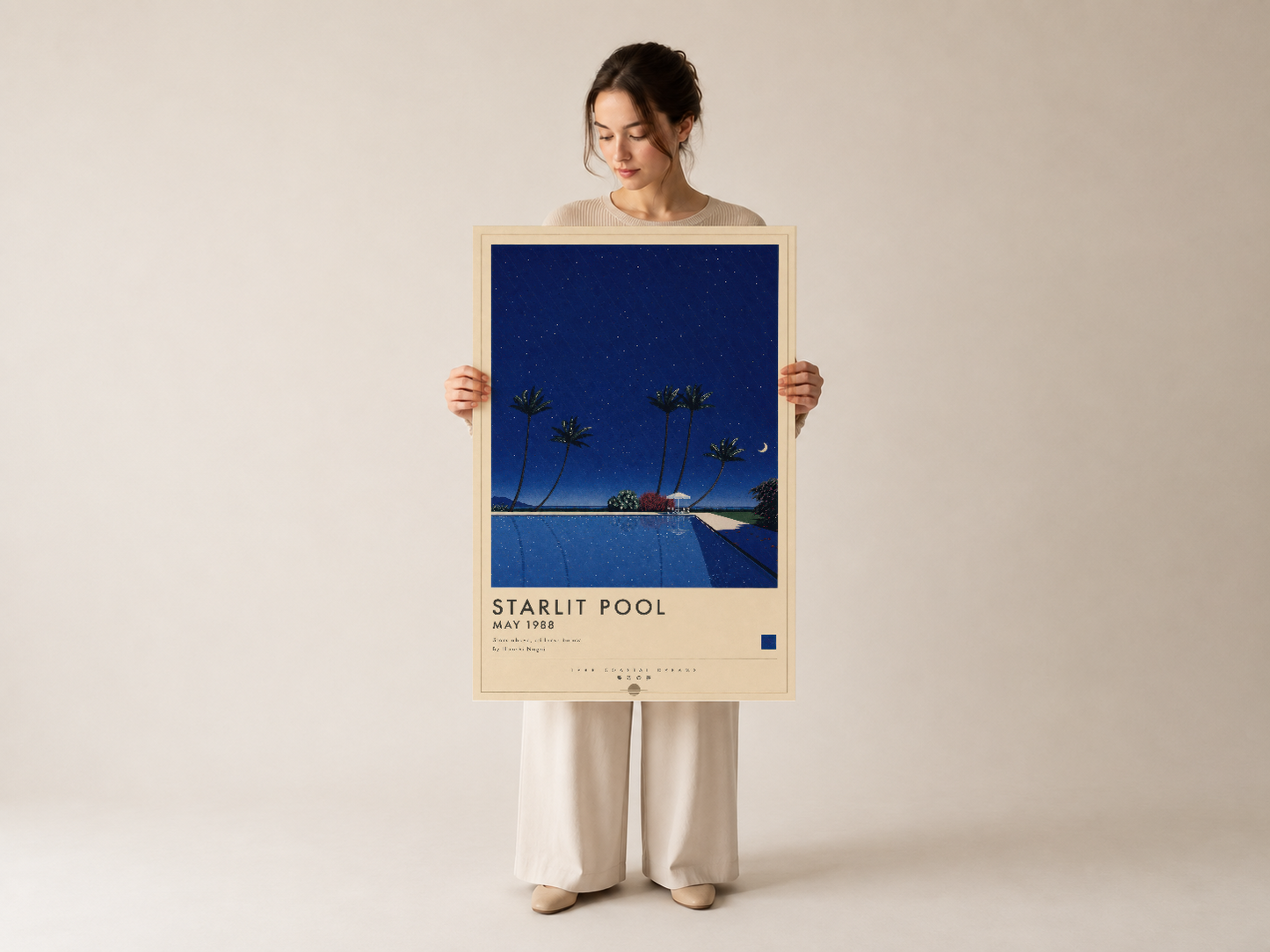 Starlit Pool poster çerçeveli, gözlükçü tarafından sunulmuş, vintage-modern estetik kombinasyonu.