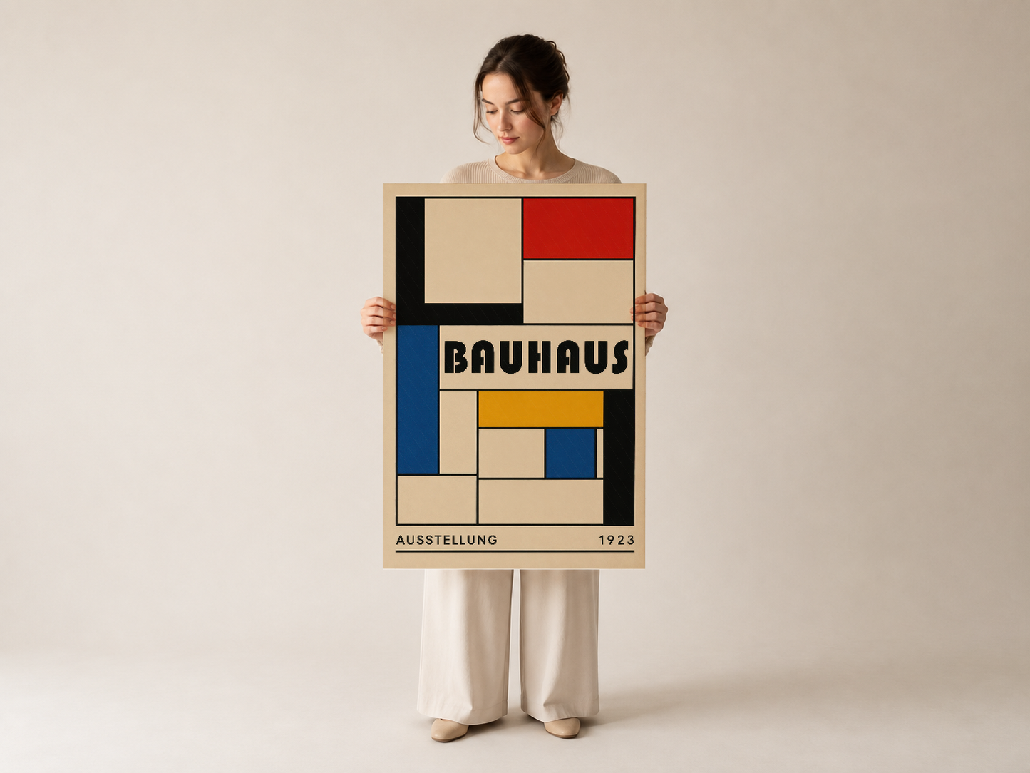 El tutulan 1923 Bauhaus Ausstellung posteri, karakteristik geometrik blok yapısı ve tipografiyle tanımlı.